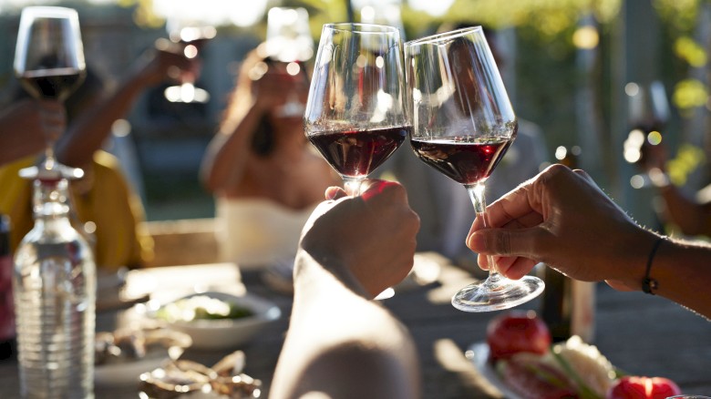 People raising glasses of red wine for a toast at an outdoor gathering.