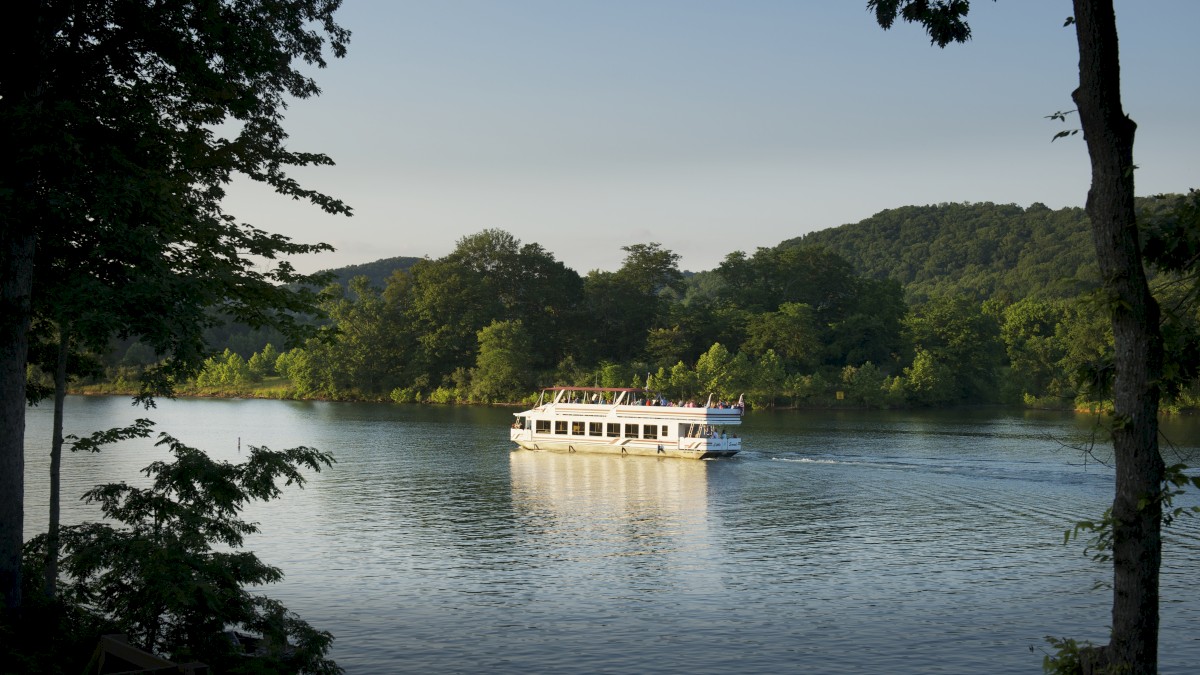 A white boat is cruising on a serene lake surrounded by lush, green trees and hills under a clear sky, framed by tall trees in the foreground.